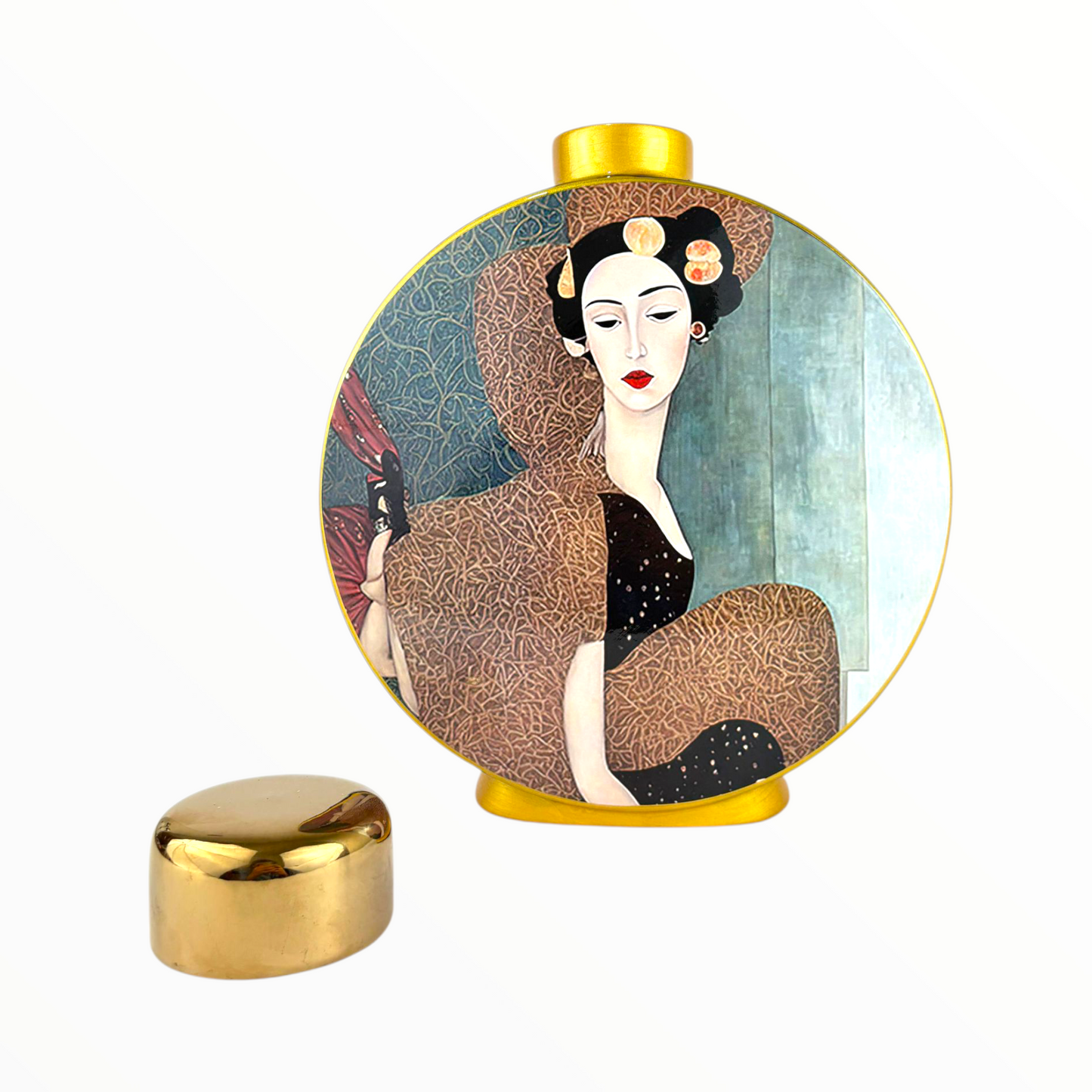 Round Decorative Jar – Elegant Woman Art Vase with Gold Lid
