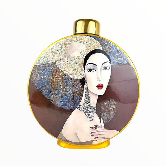 Round Artistic Woman Decorative Jar – Luxury Portrait Vase with Gold Lid