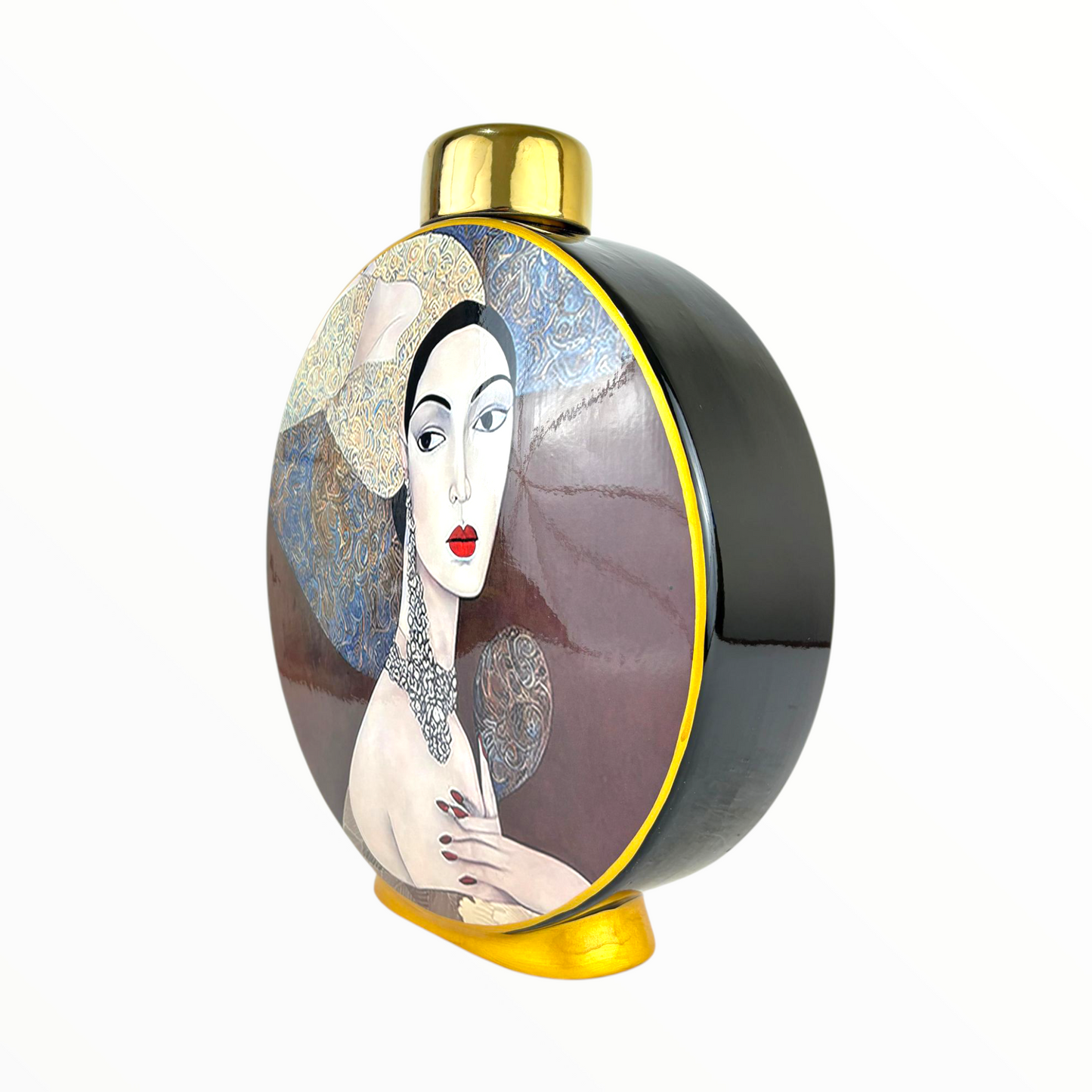 Round Artistic Woman Decorative Jar – Luxury Portrait Vase with Gold Lid