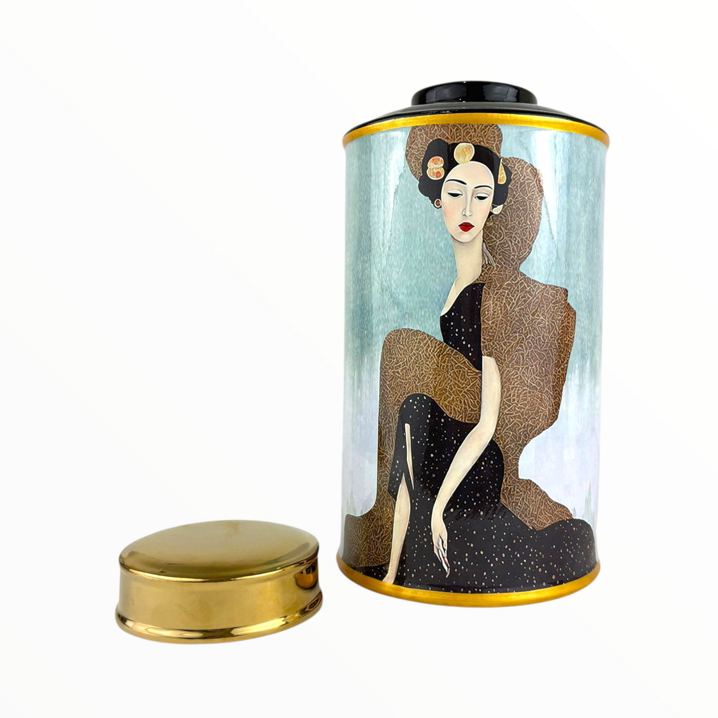 Luxury Artistic Woman Decorative Jar – Tall Porcelain Vase with Gold Lid