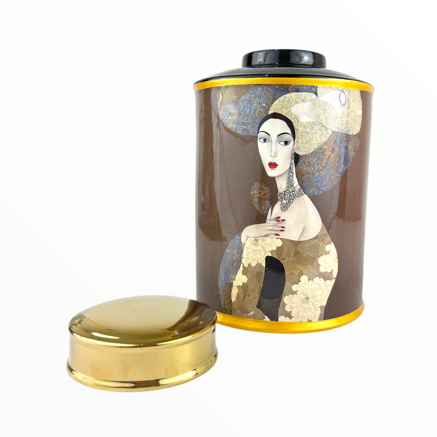 Luxury Artistic Woman Decorative Jar – Tall Porcelain Vase with Gold Lid