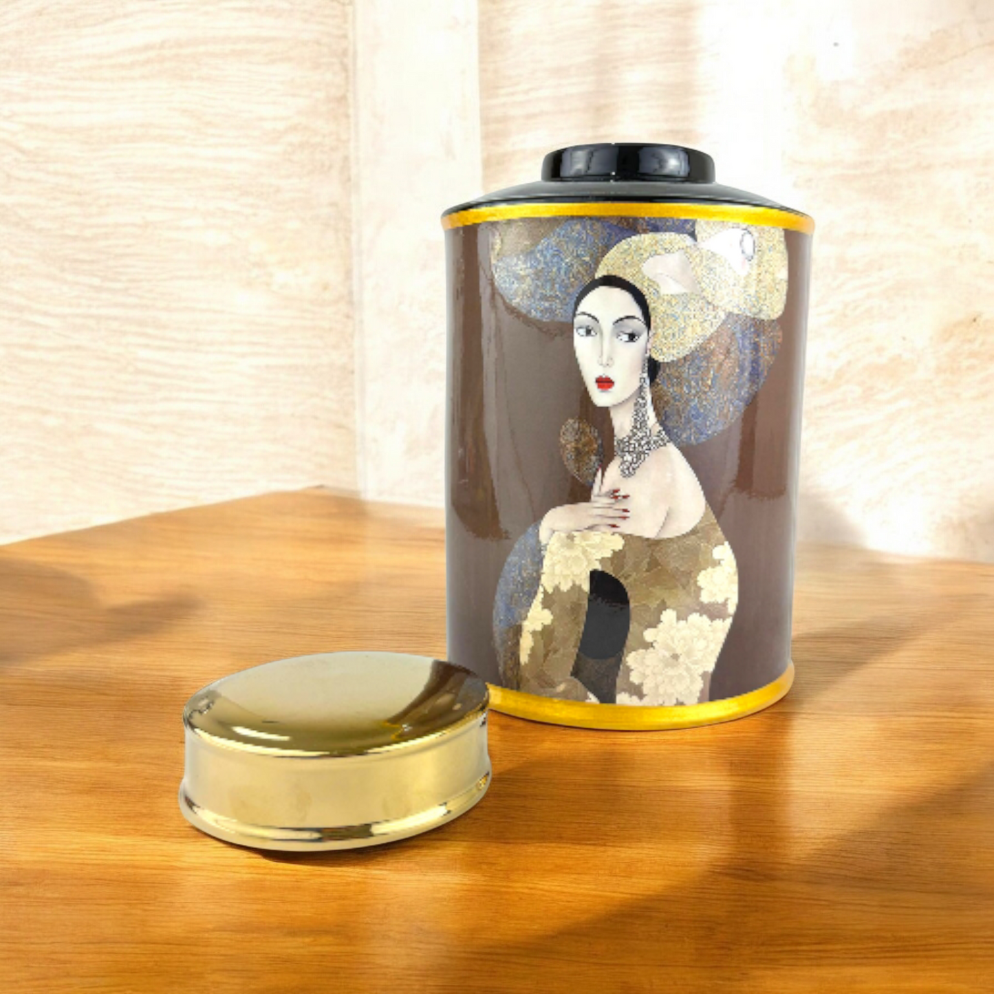 Luxury Artistic Woman Decorative Jar – Tall Porcelain Vase with Gold Lid