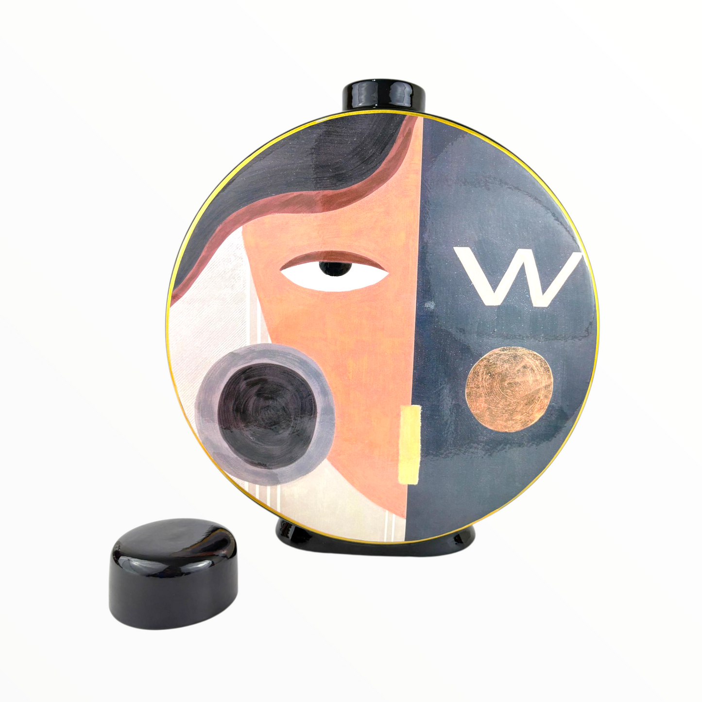 Modern Abstract Face Decorative Jar – Round Art Vase with Black Lid