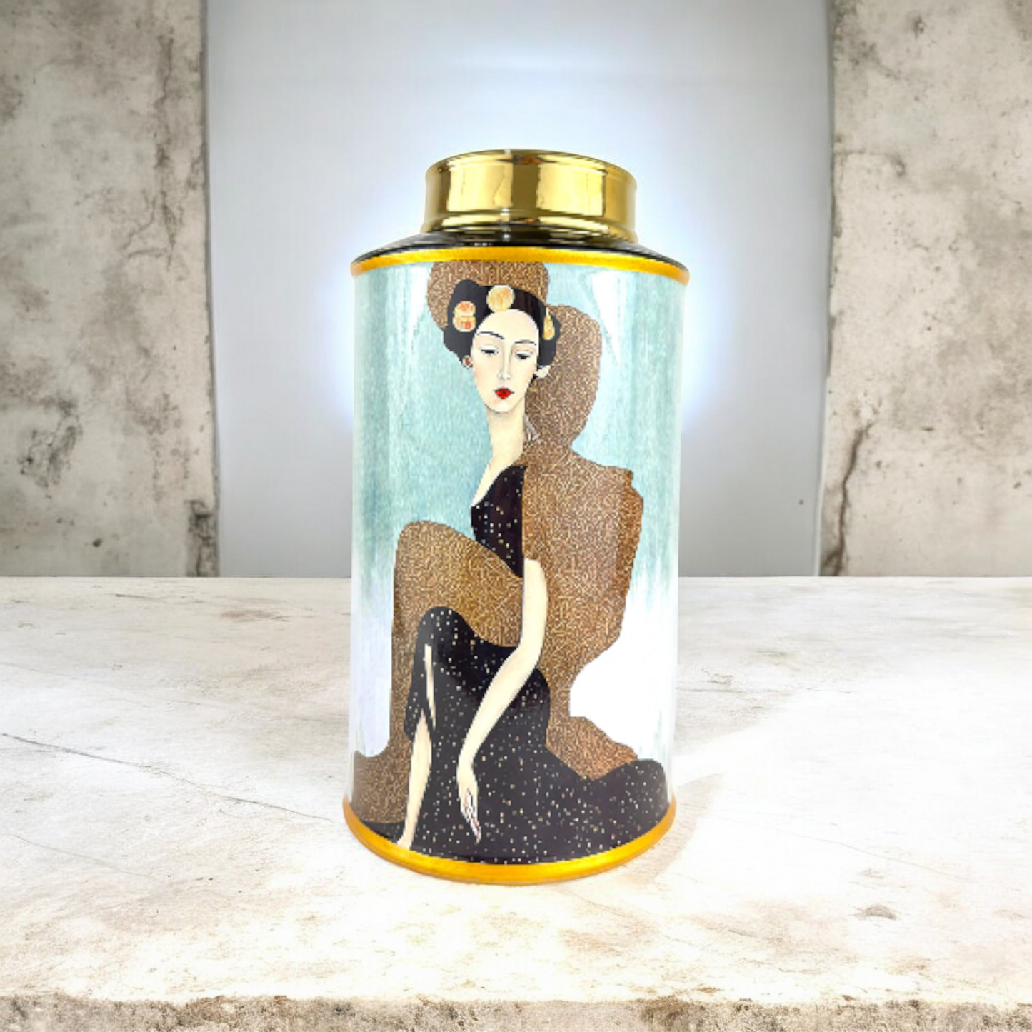 Luxury Artistic Woman Decorative Jar – Tall Porcelain Vase with Gold Lid