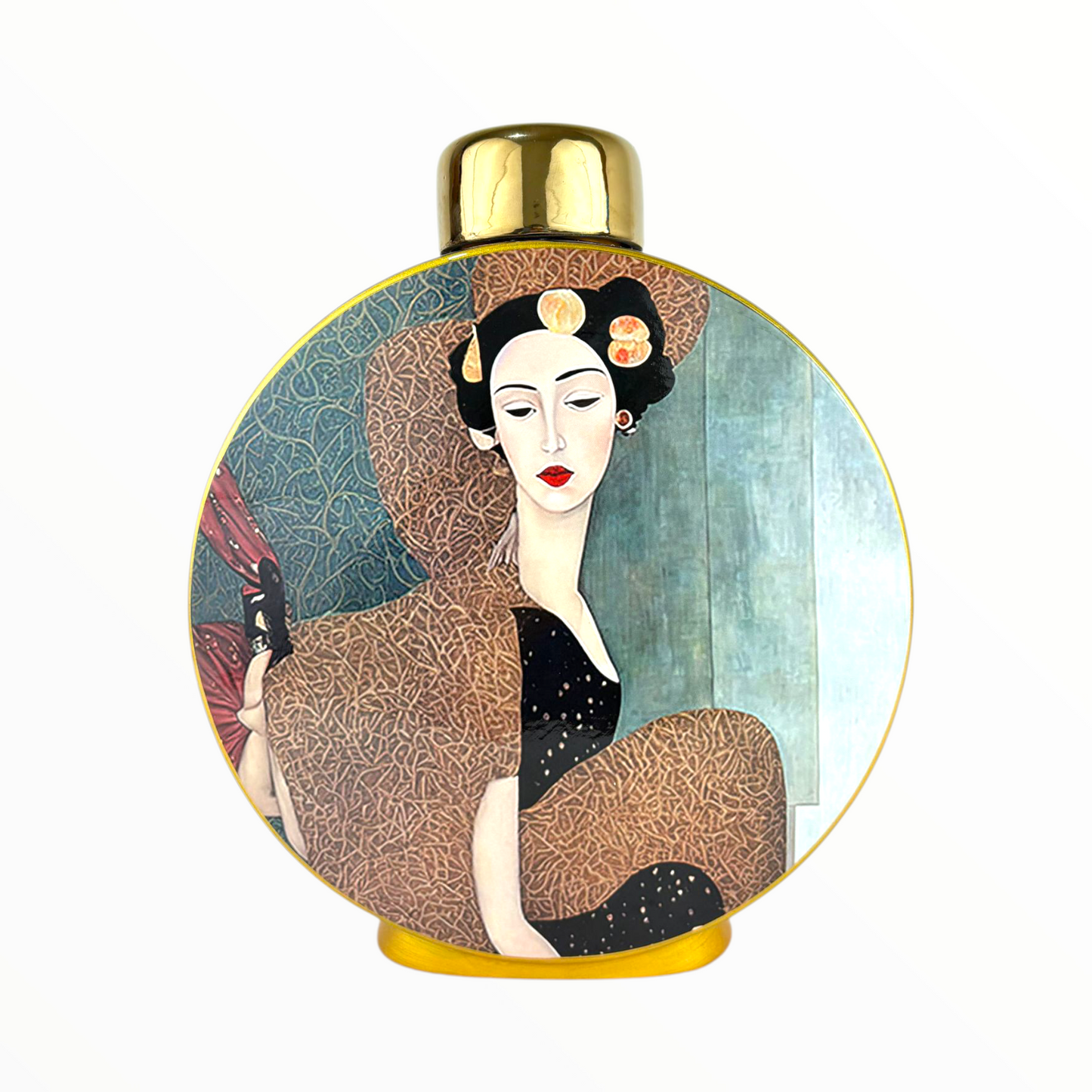 Round Decorative Jar – Elegant Woman Art Vase with Gold Lid
