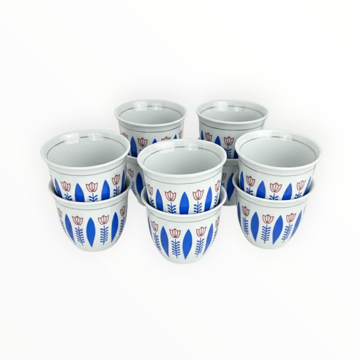 Traditional Arabic Coffee Cup – White Ceramic Finjan with Blue & Red Floral Design set 12 pcs