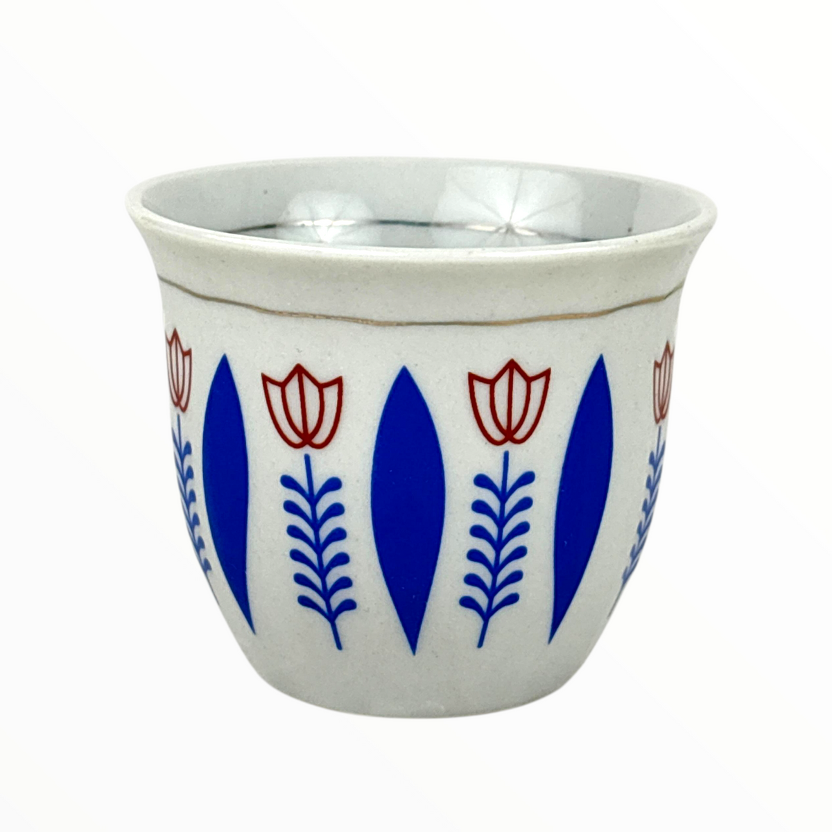 Traditional Arabic Coffee Cup – White Ceramic Finjan with Blue & Red Floral Design set 12 pcs
