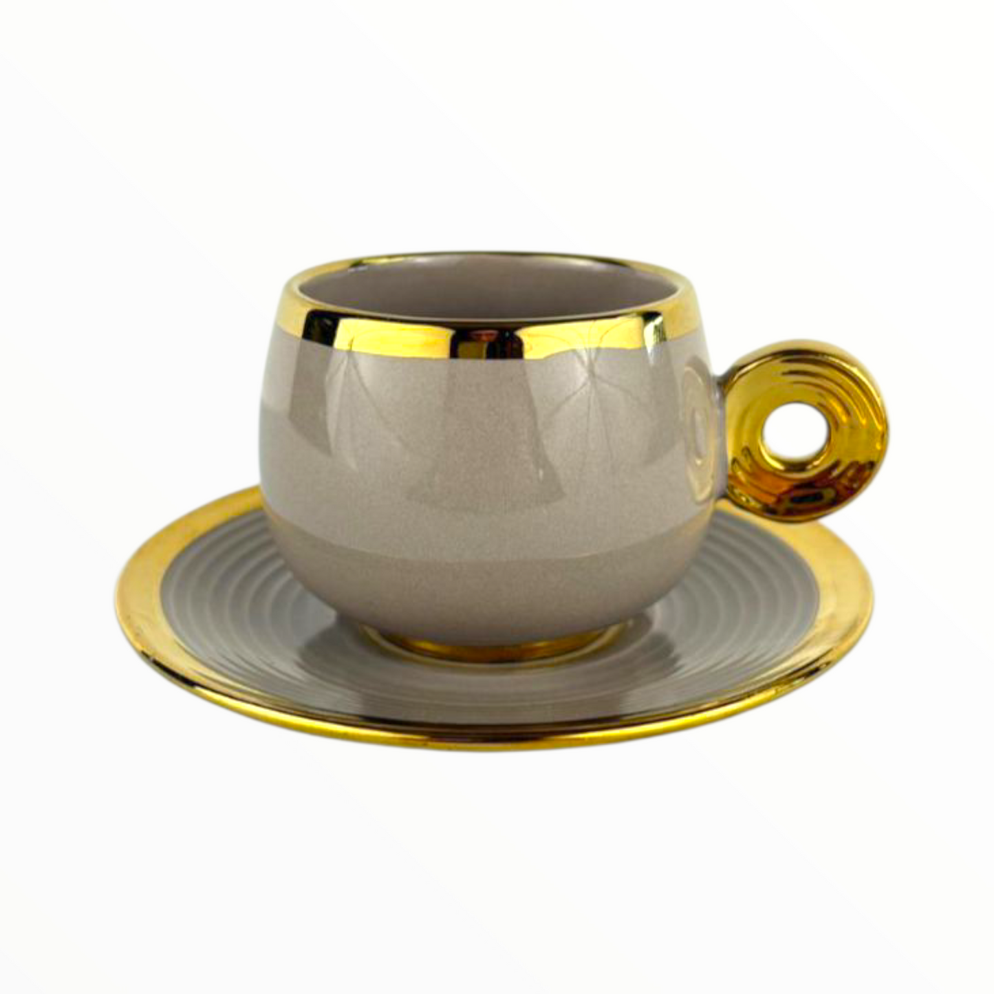 Luxury Ceramic Espresso Cup with Gold Handle & Saucer – Modern Grey & Gold Coffee Set 12pcs