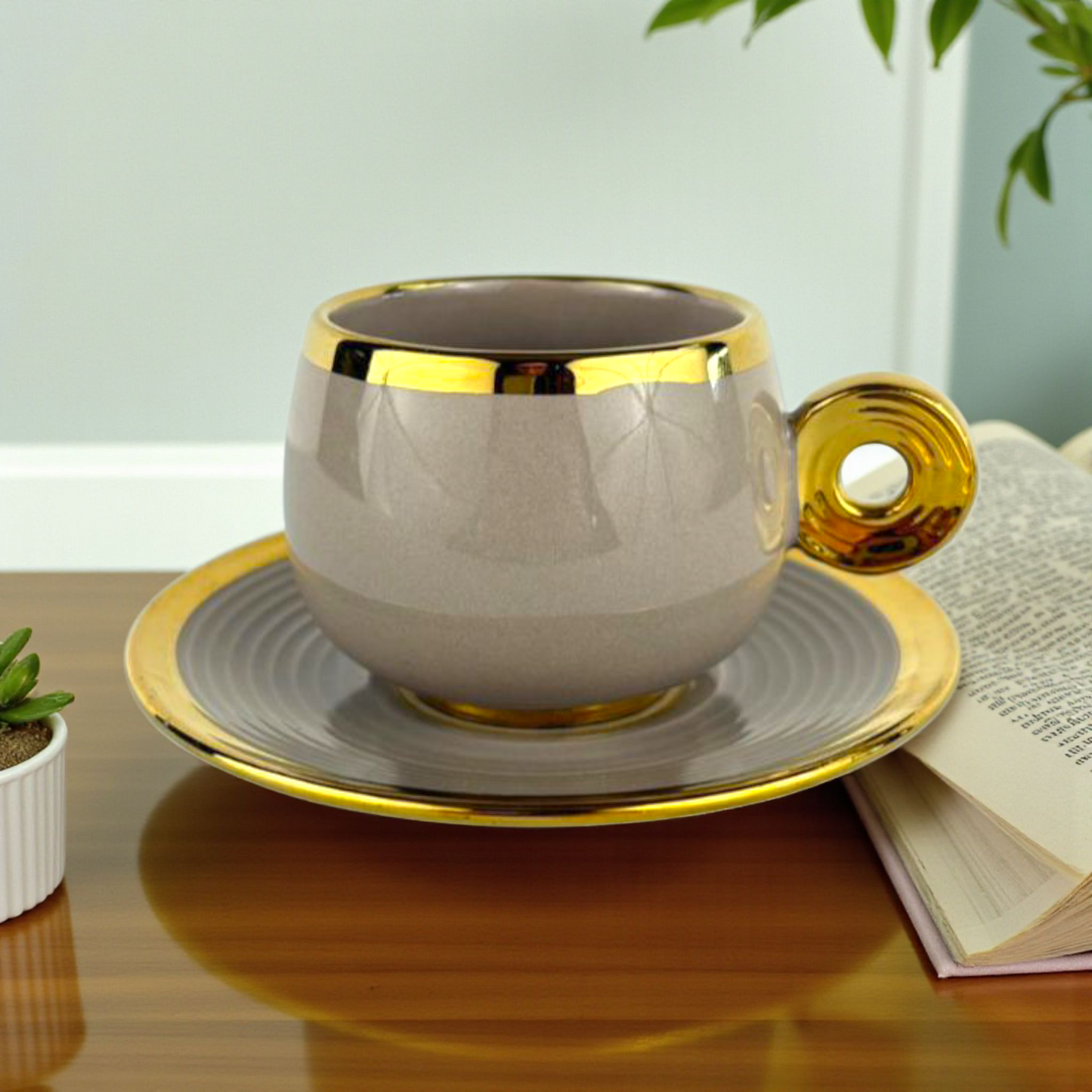 Luxury Ceramic Espresso Cup with Gold Handle & Saucer – Modern Grey & Gold Coffee Set 12pcs