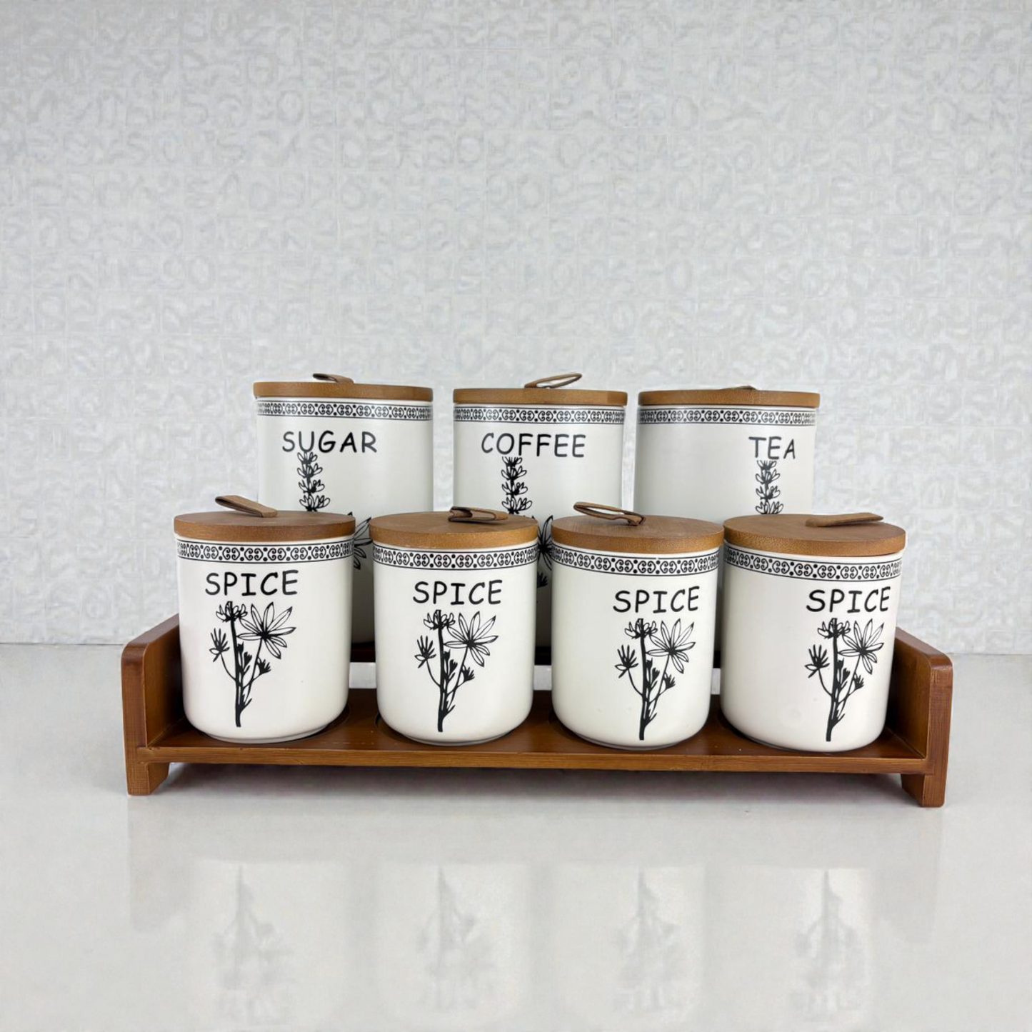 Luxury Ceramic Kitchen Canister Set with Wooden Tray – Sugar, Coffee, Tea & Spice Storage Jars (7-Piece Set)