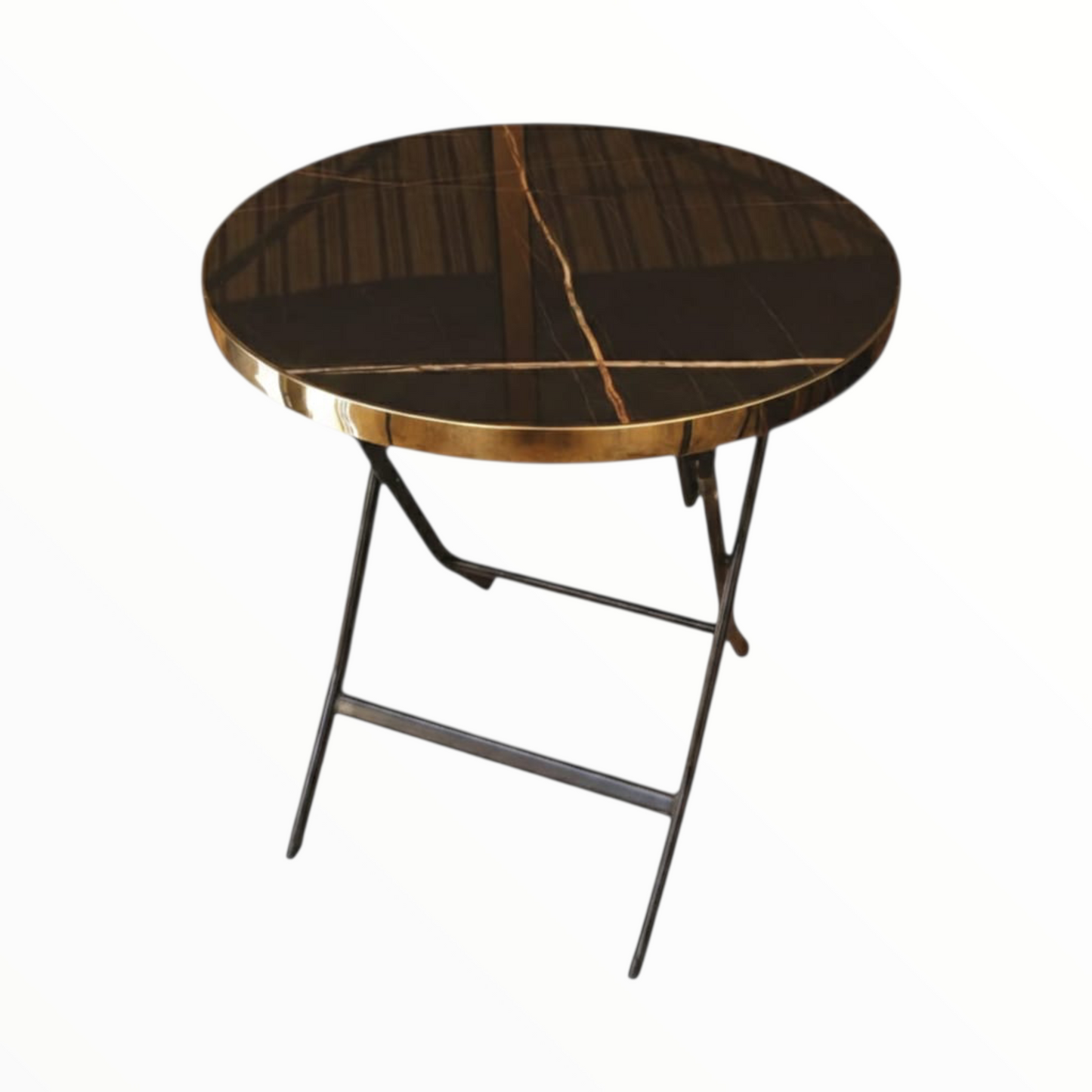 Round Folding Side Table 80 cm – brown Marble Top with Gold Trim
