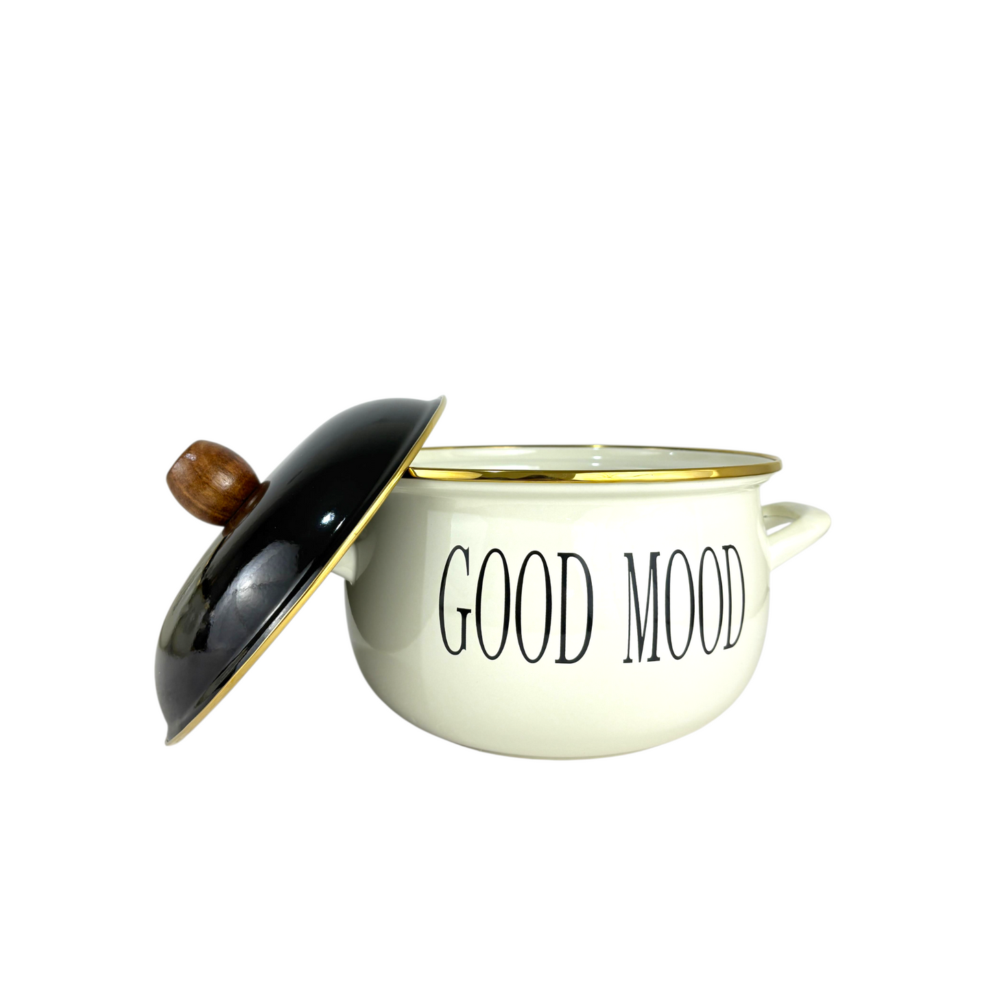 Good food  Enamel Cooking Pot – Cream Soup Pot with Black Lid & Wooden Knob