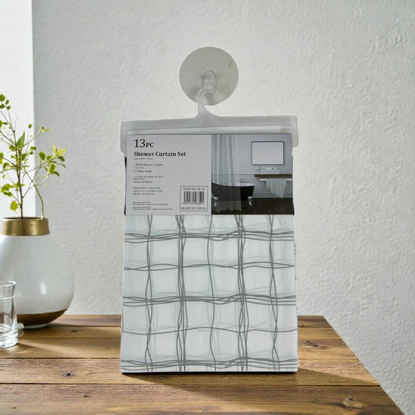 Shower Curtain Set – Waterproof Bathroom Curtain with 12 Hooks (Modern Grey Pattern)