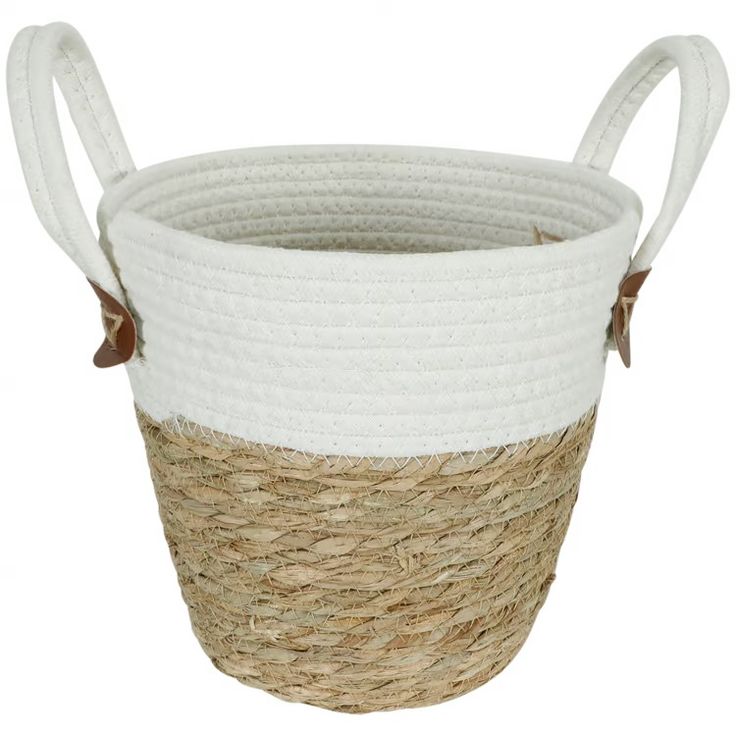 Handwoven Seagrass & Cotton Rope Tote Basket – Eco-Friendly Storage Basket / Beach & Market Bag