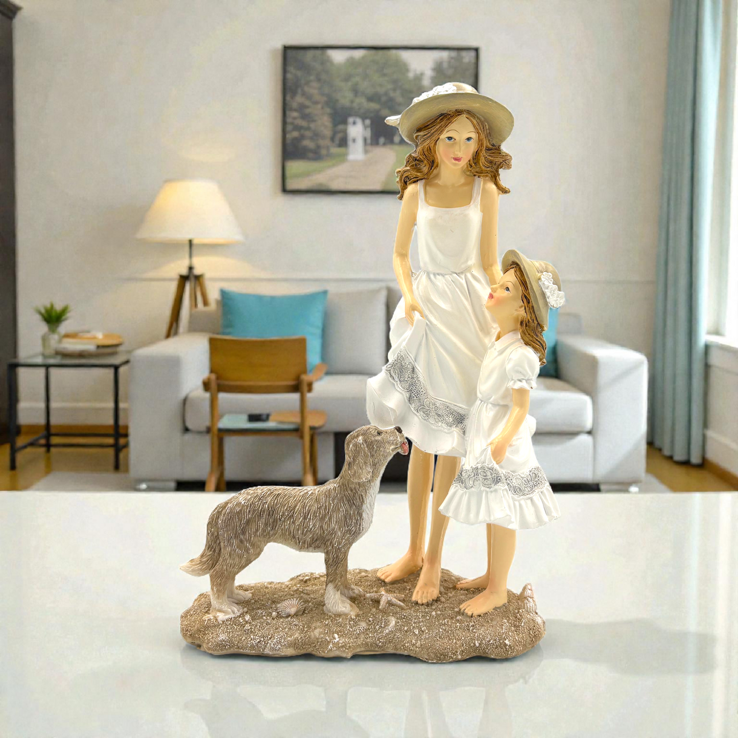 Mother and Daughter Figurine with Dog – Family Home Décor Accent