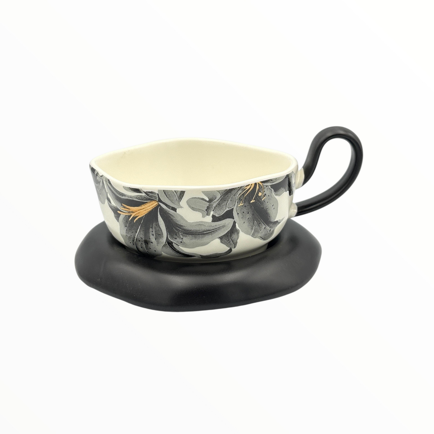 Ceramic Cup and Saucer – Black Floral Coffee Cup Set 270ml