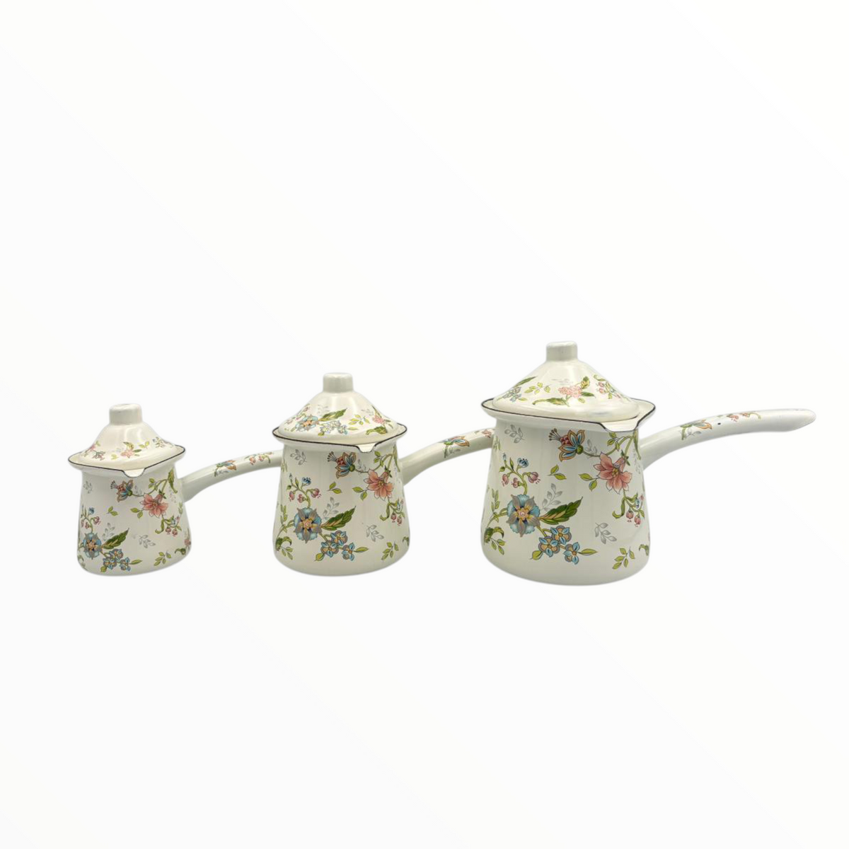 Floral Enamel Turkish Coffee Pot Set  – 3 Sizes with Lid
