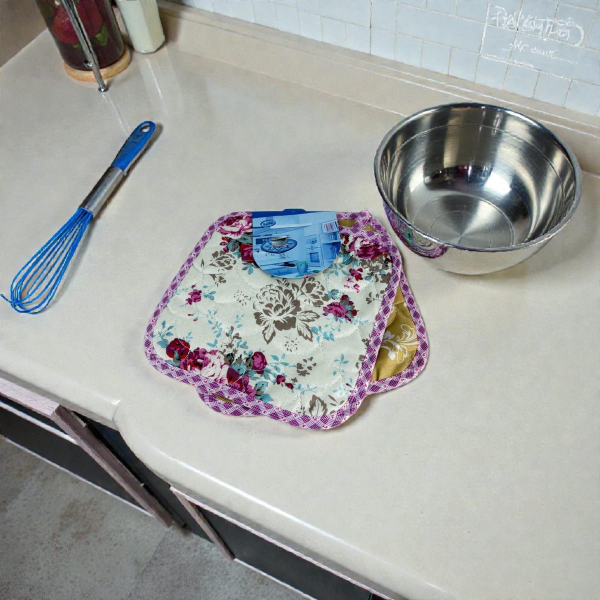 Floral Quilted Kitchen Pot Holder & Trivet Set – Heat Resistant Cotton Potholders