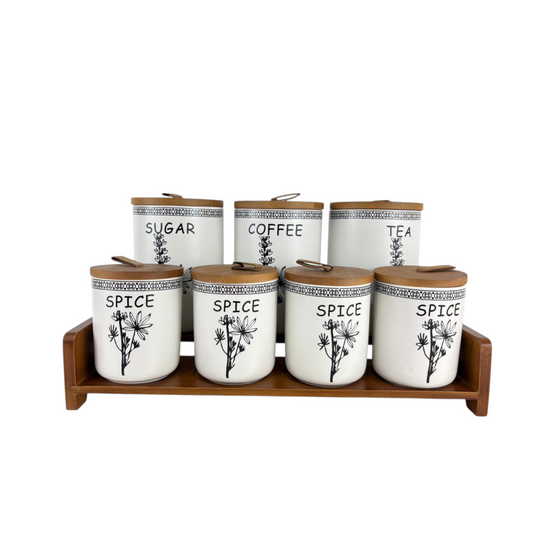 Luxury Ceramic Kitchen Canister Set with Wooden Tray – Sugar, Coffee, Tea & Spice Storage Jars (7-Piece Set)