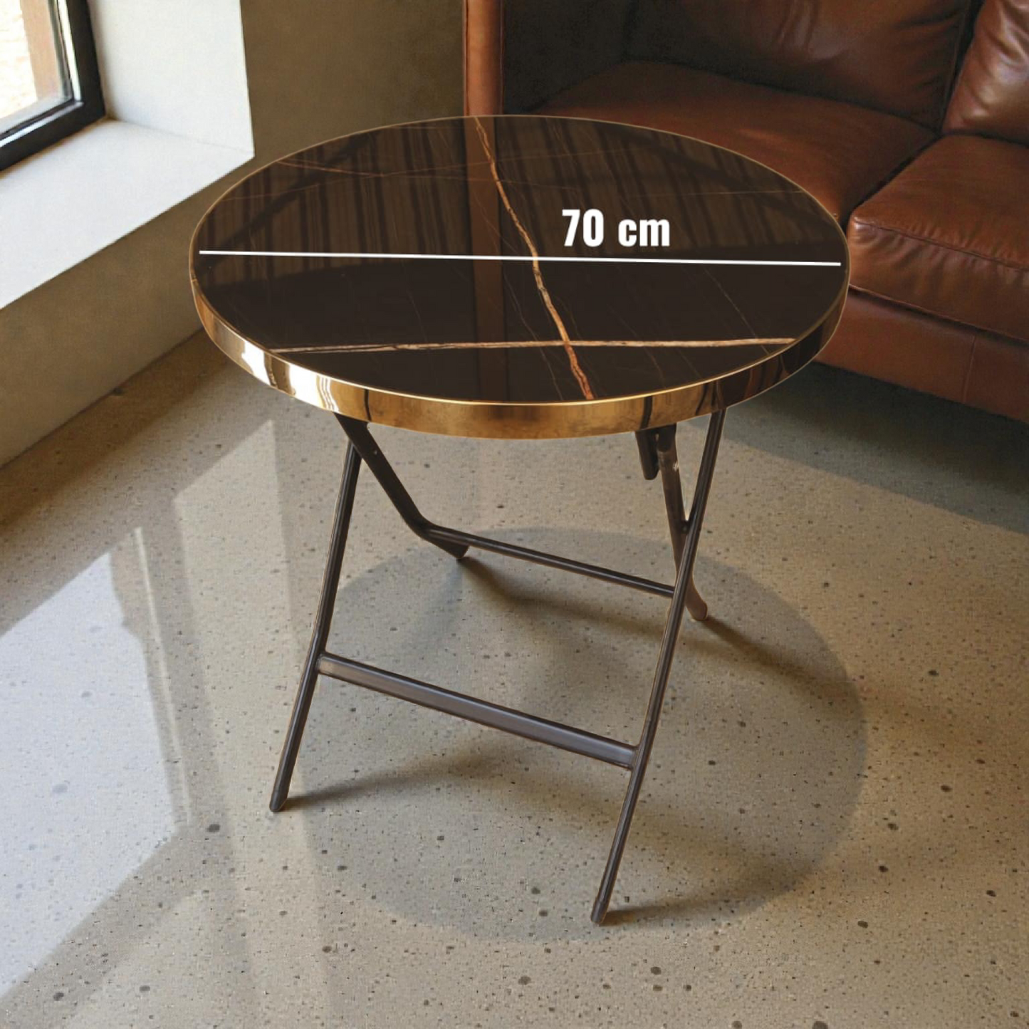 Round Folding Side Table 70 cm – brown Marble Top with Gold Trim