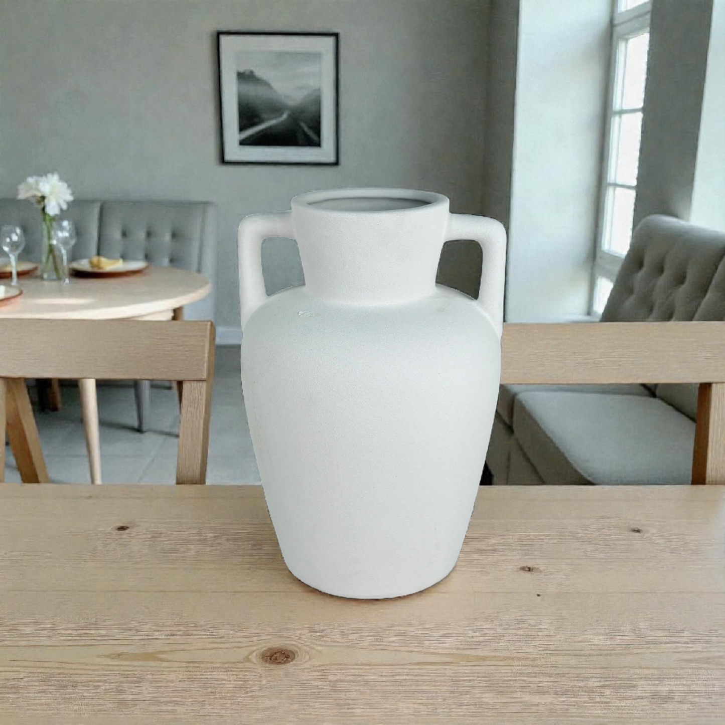 Matte White Ceramic Amphora Vase with Handles – Modern Minimalist Home Décor