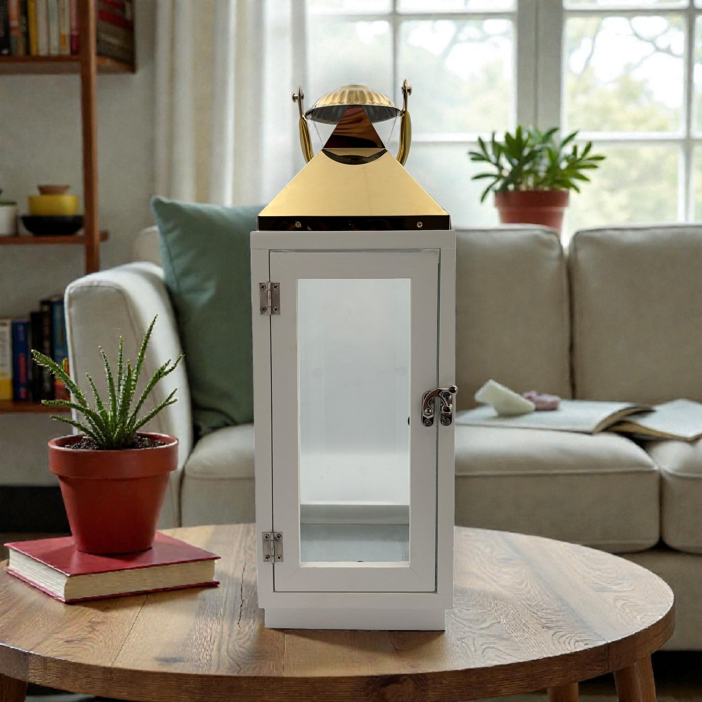 White  Metal Glass Lantern – Elegant  Decorative Candle Holder
