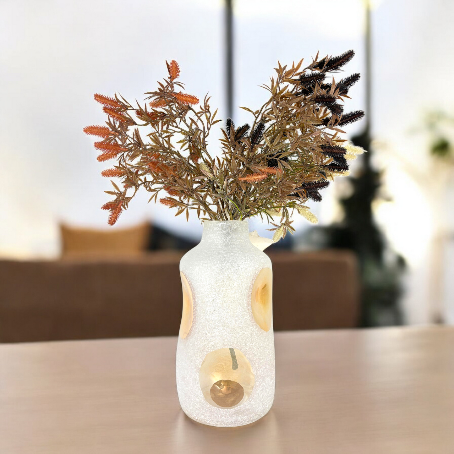 Handblown Glass Vase with Decorative Artificial Floral Arrangement – Modern Home Décor Centerpiece