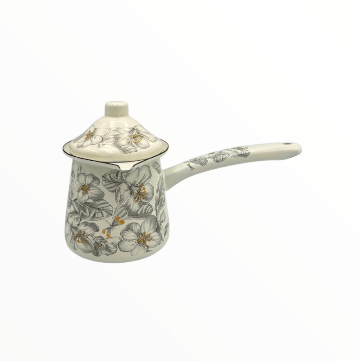 Grey Floral Enamel Turkish Coffee Pot Set – 3 Sizes with Lid