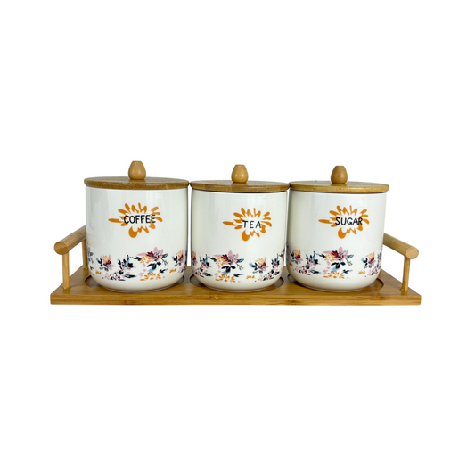Ceramic Coffee, Tea & Sugar Canister Set with Bamboo Stand