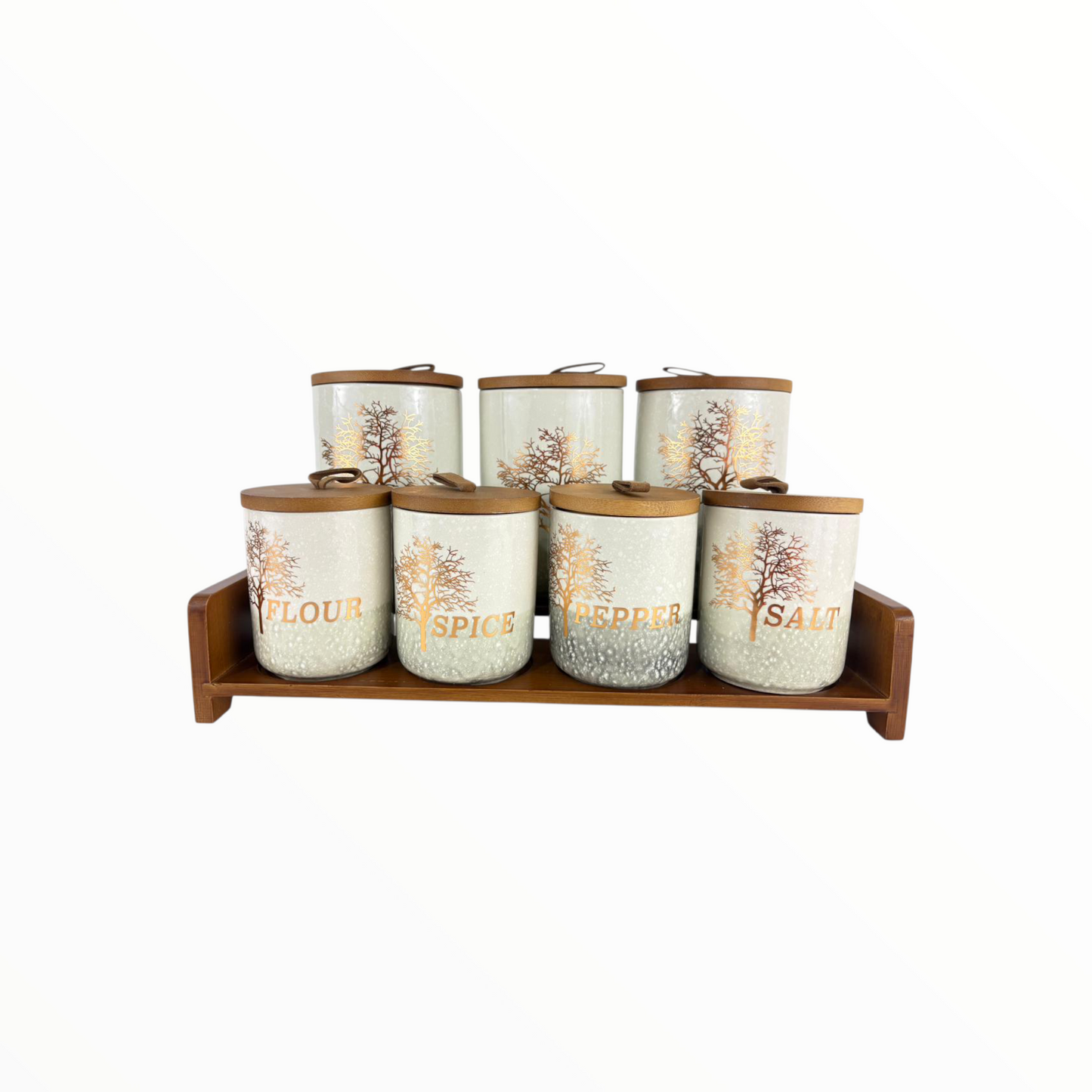 Luxury Ceramic Kitchen Canister Set with Wooden Tray – Sugar, Coffee, Tea & Spice Storage Jars (7-Piece Set)
