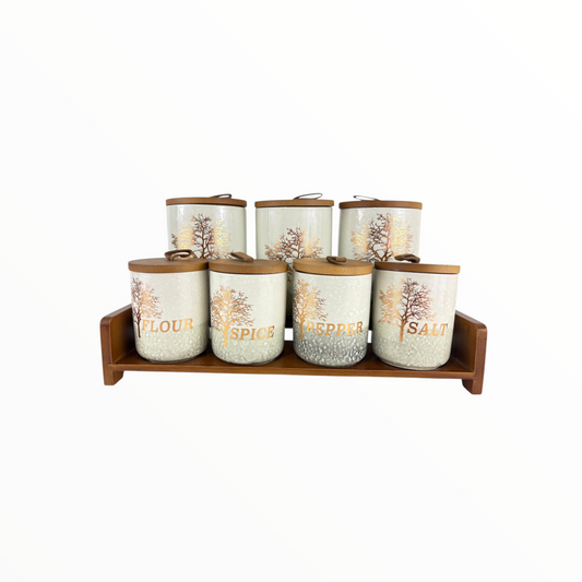 Luxury Ceramic Kitchen Canister Set with Wooden Tray – Sugar, Coffee, Tea & Spice Storage Jars (7-Piece Set)