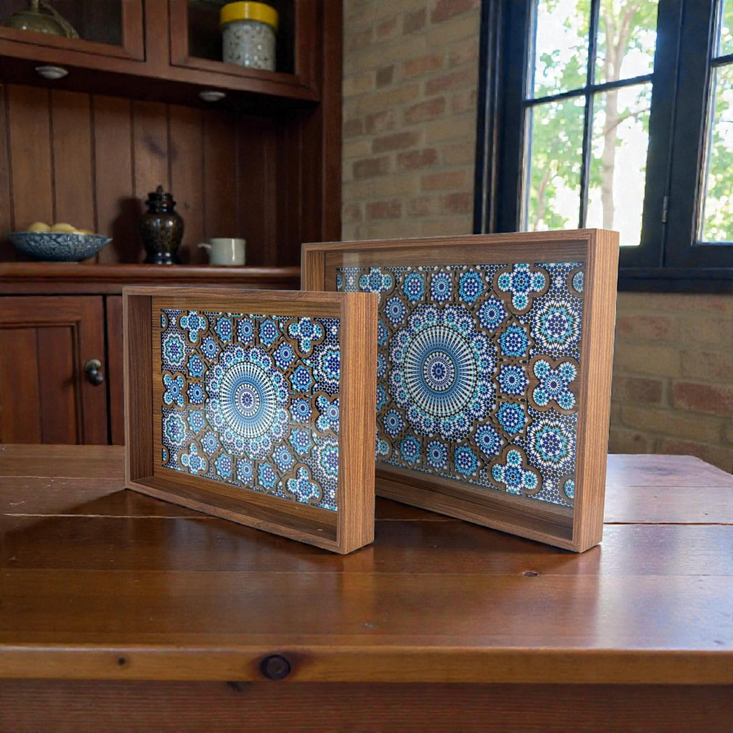 Moroccan Mosaic Wooden Decorative Tray Set – Blue Geometric Tile Pattern (Set of 2)