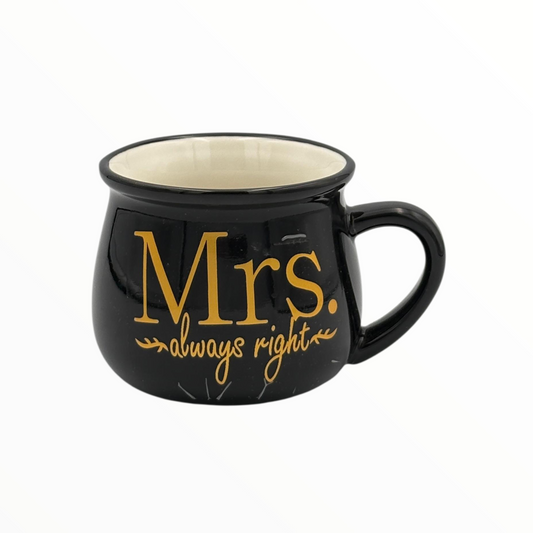 Mrs. Always Right Black Ceramic Mug – Stylish Coffee Cup with Gold Text