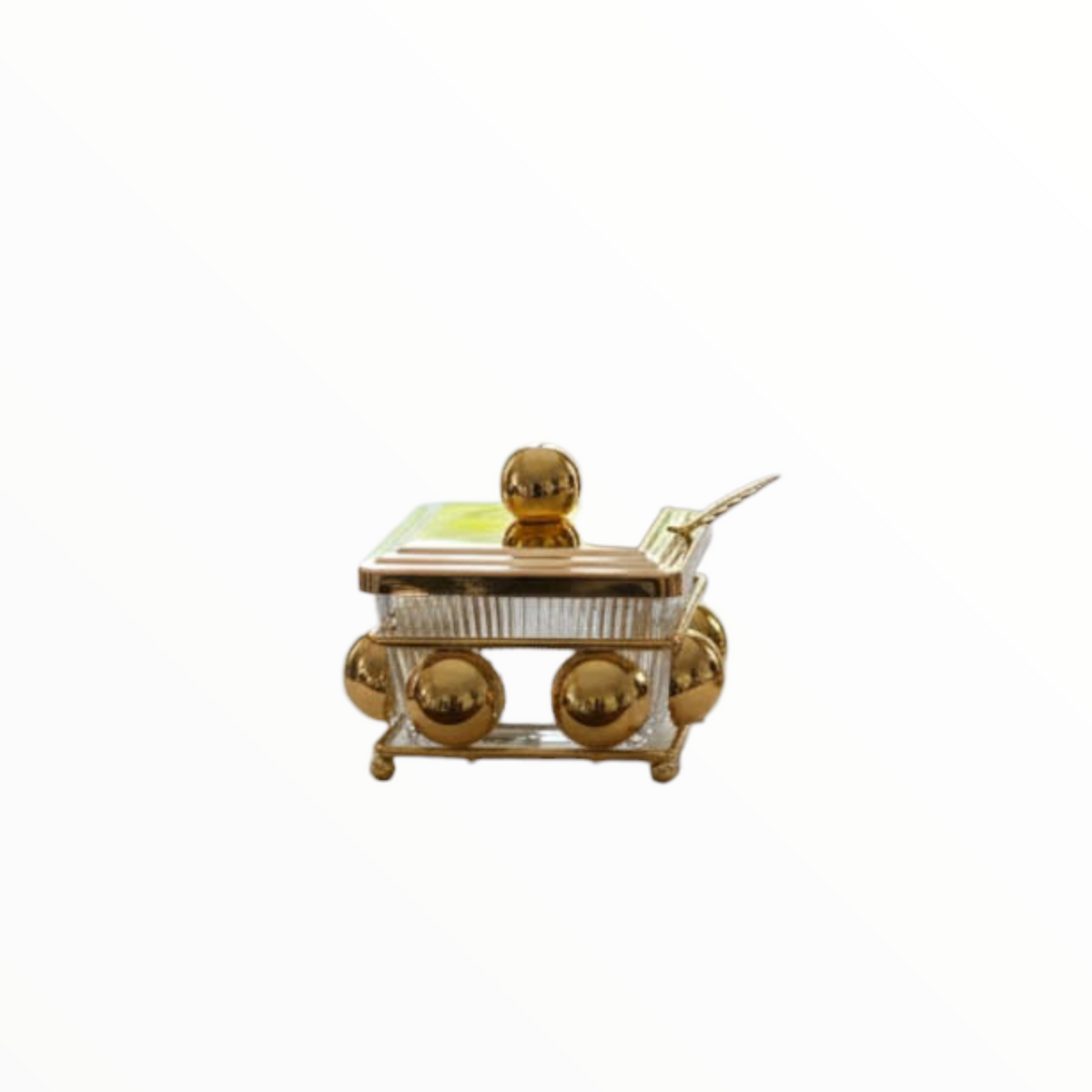 Luxury Gold Sugar Bowl with Spoon – Elegant Glass & Metal Table Accessory