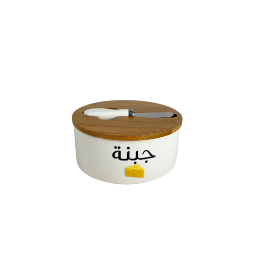 Arabic Labeled Ceramic Storage Jar with Bamboo Lid – Sugar, Sweets & Cheese Kitchen Container
