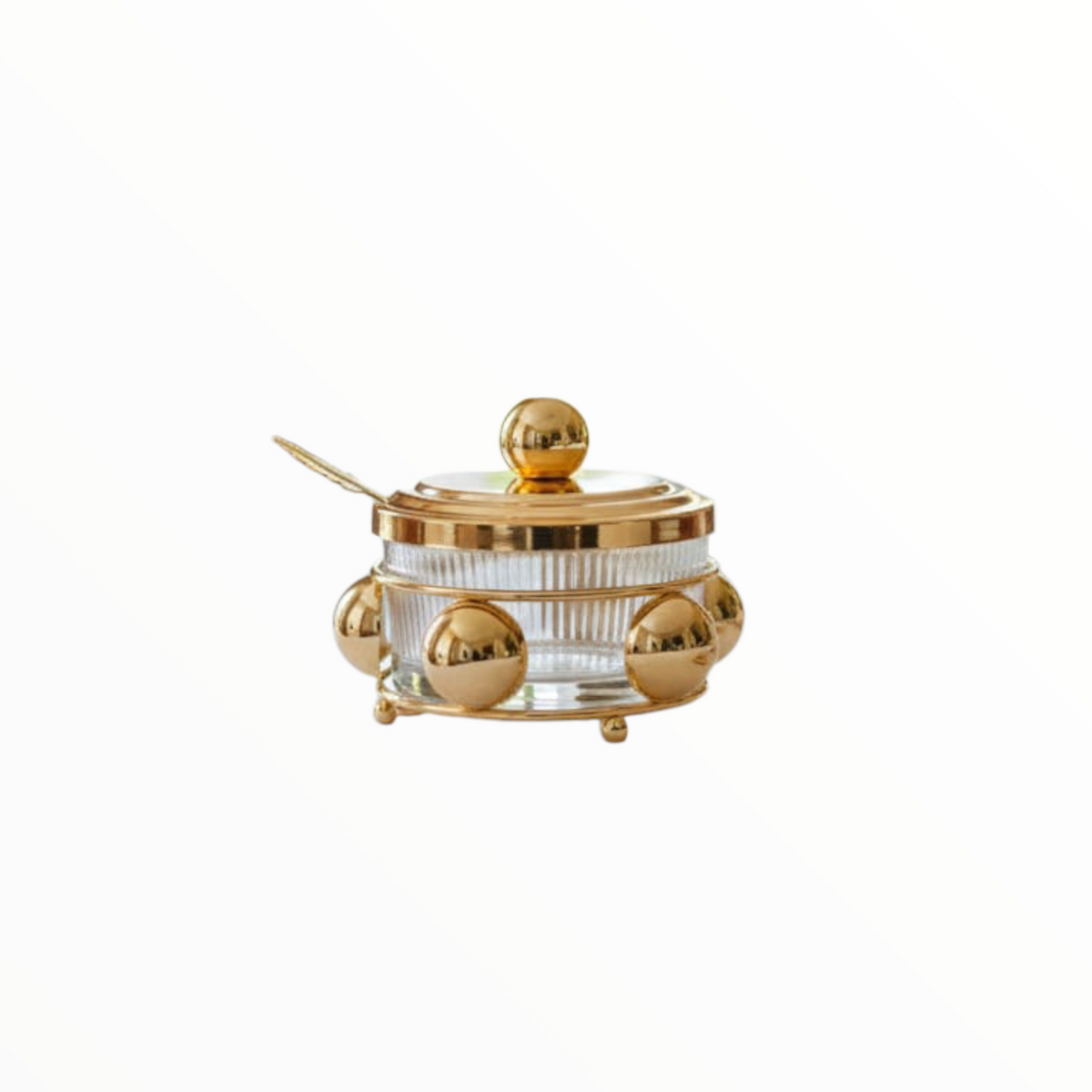 Luxury Gold Sugar Bowl with Spoon – Elegant Glass & Metal Table Accessory