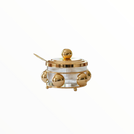 Luxury Gold Sugar Bowl with Spoon – Elegant Glass & Metal Table Accessory