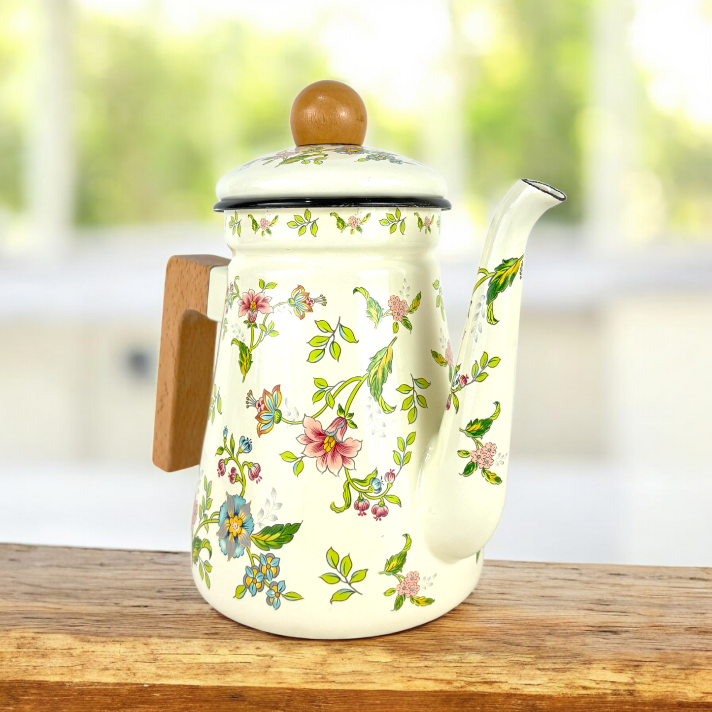 Floral Enamel Tea & Coffee Pot – Vintage Cream Kettle with Wooden Handle