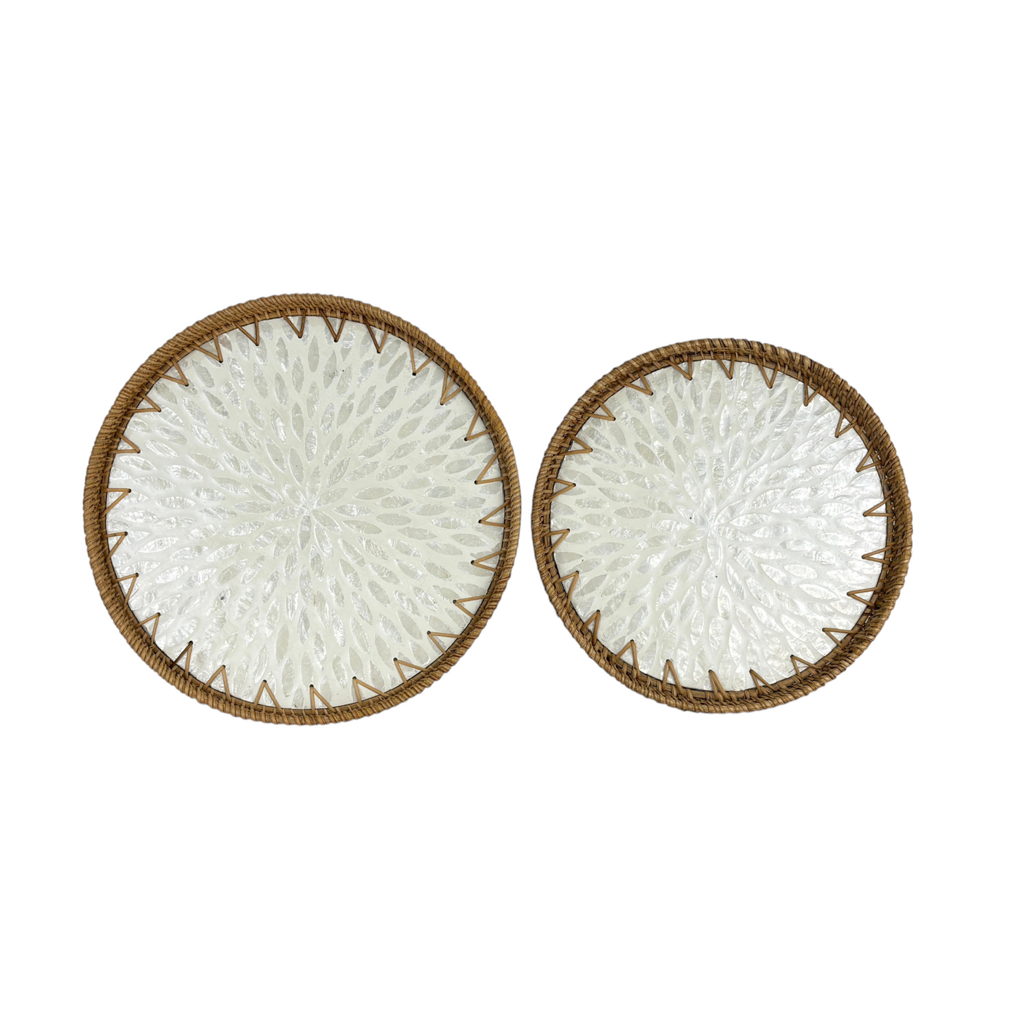 Round white Floral Mosaic Woven Tray Set – Handcrafted Boho Serving & Decorative Trays (Set of 2)