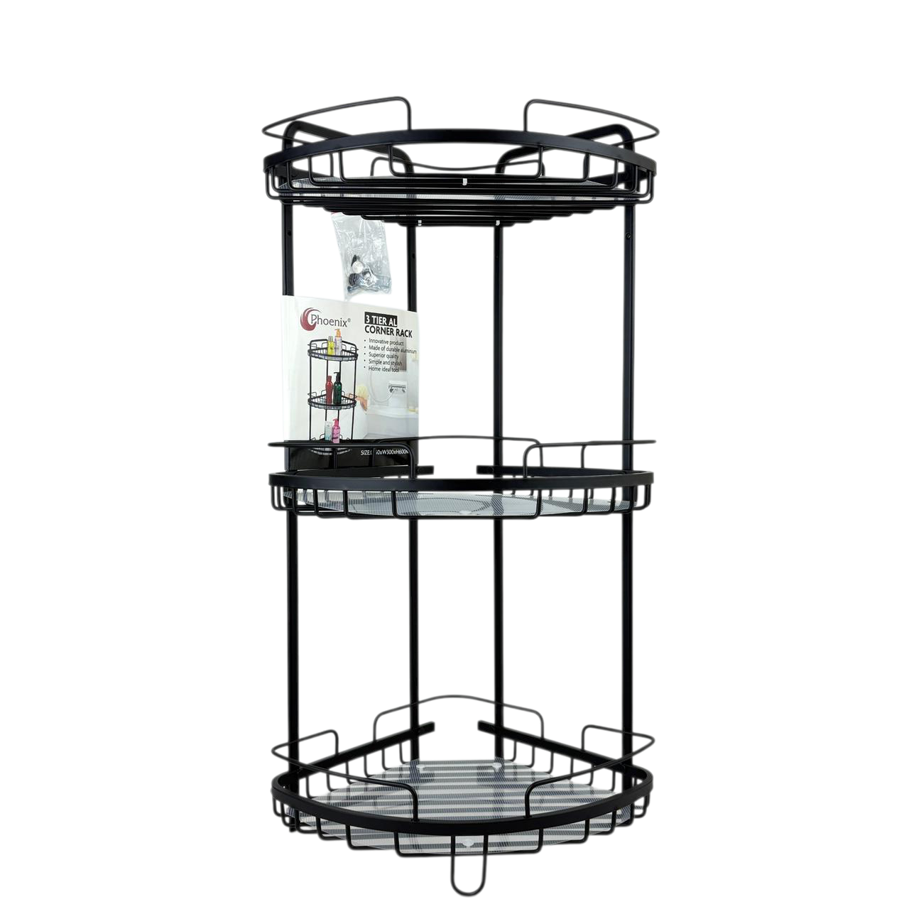 3-Tier Metal Corner Shower Rack | Tall Black Bathroom organizer stand