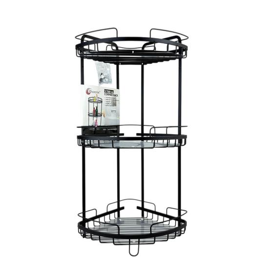 3-Tier Metal Corner Shower Rack | Tall Black Bathroom organizer stand