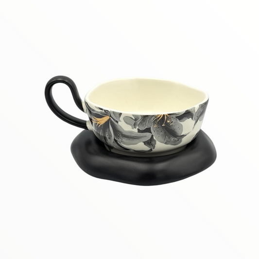 Ceramic Cup and Saucer – Black Floral Coffee Cup Set 270ml