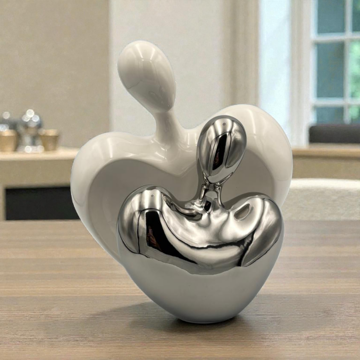 Abstract White & Chrome Apple Sculpture – Modern Art Décor