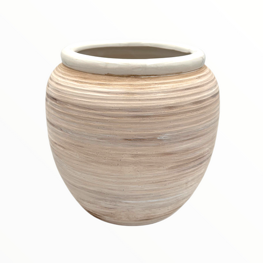 Small Natural Wood-Effect Ceramic Vase – Rustic Modern Home Accent