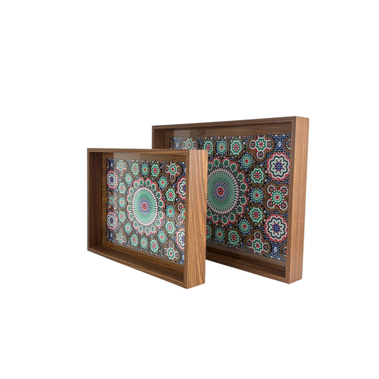 Moroccan Mosaic Wooden Decorative Tray Set – Blue green Geometric Tile Pattern (Set of 2)