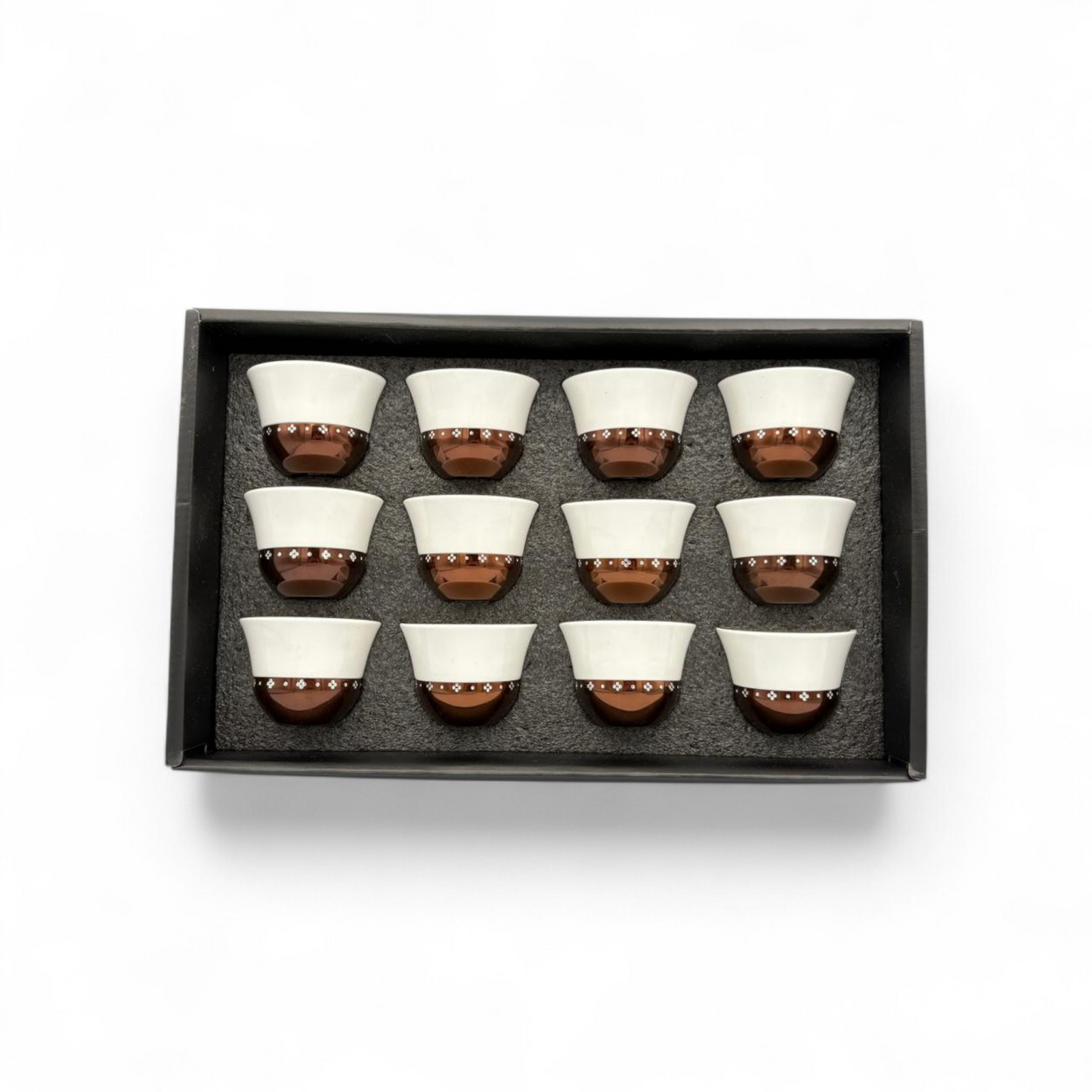 Coffee Cup Set of 12 – Brown & White Porcelain Cups Gift Box