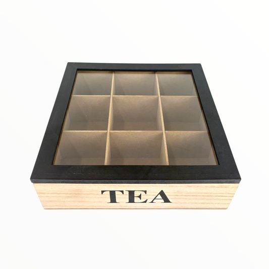 Wooden Organizer Box with 9 Compartments – “tea word design"
