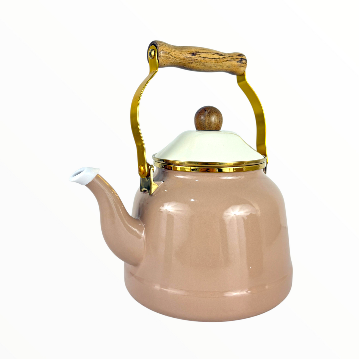Vintage Enamel Kettle & Teapot Set – Beige with Wooden Handle & Gold Accents