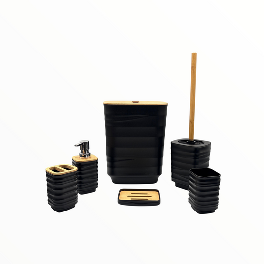 Bathroom Accessories Set – black Bathroom Set with Bamboo Details (6 Pieces)