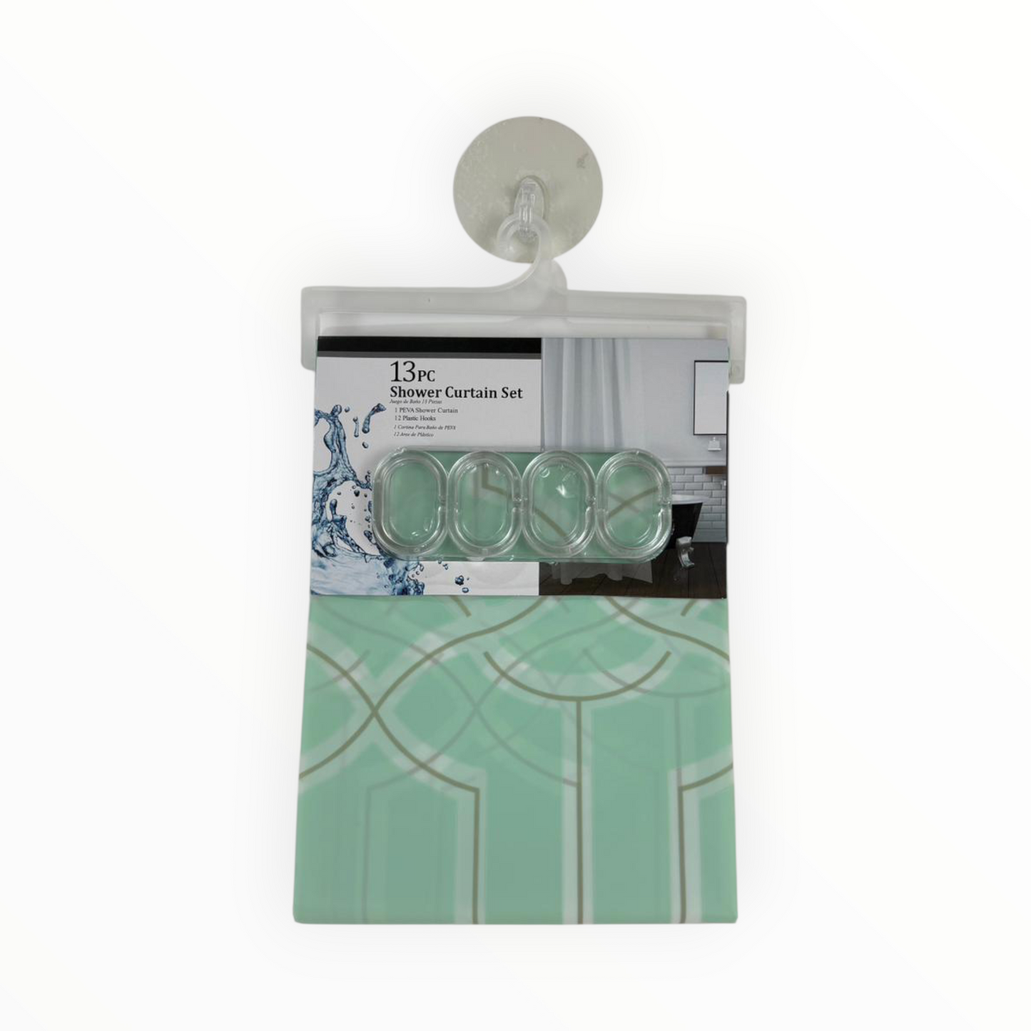 Piece Geometric Shower Curtain Set – Waterproof Curtain with 12 Hooks – Mint Green Pattern